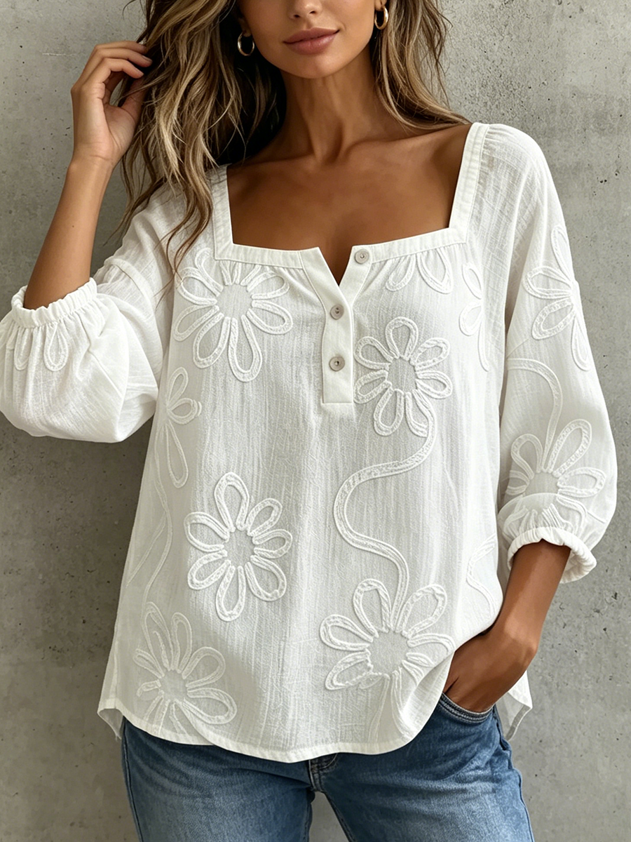 Boho Floral Embroidered Square-neck Cotton Blouse