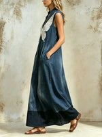 Women Denim Polka Dot Butterfly Applique Stand Collar Sleeveless Maxi Dress