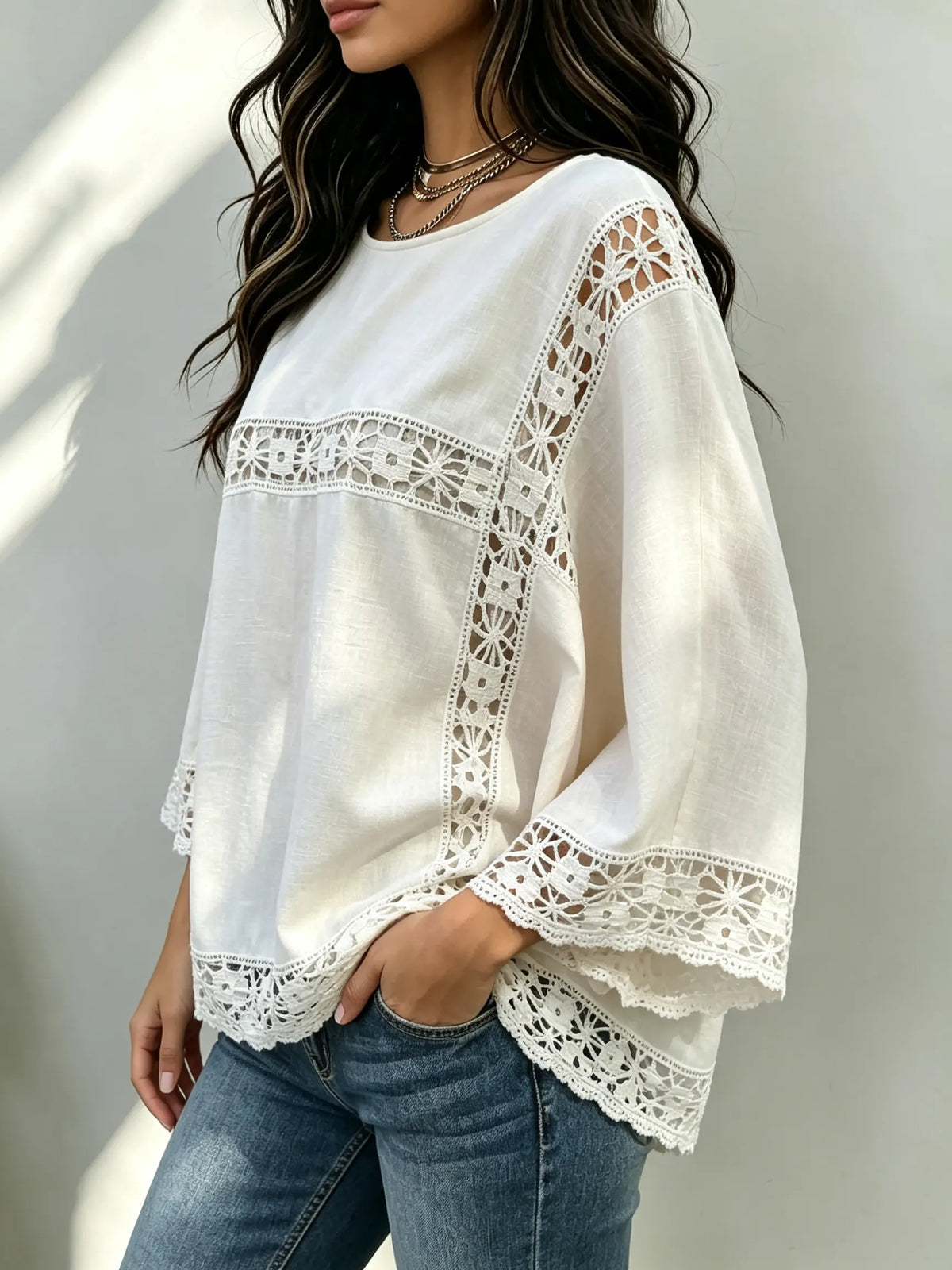 Women's Crochet Lace Panel Loose Blouse