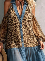 Women's Leopard Print Chiffon Denim Patchwork Cold Shoulder Maxi Dress