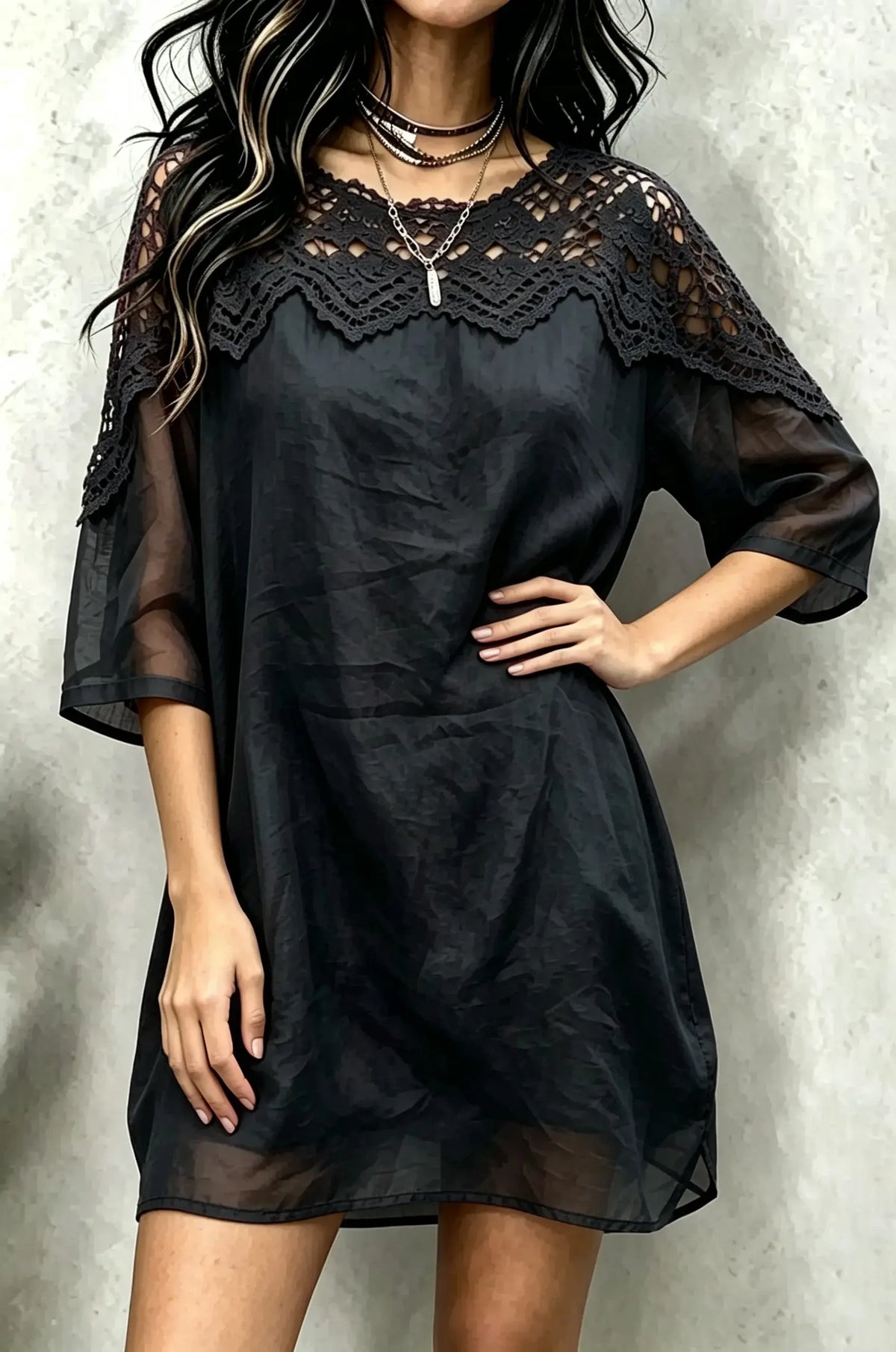 Women's Solid Crochet Lace Hot Pink Chiffon Loose Tunic Dress