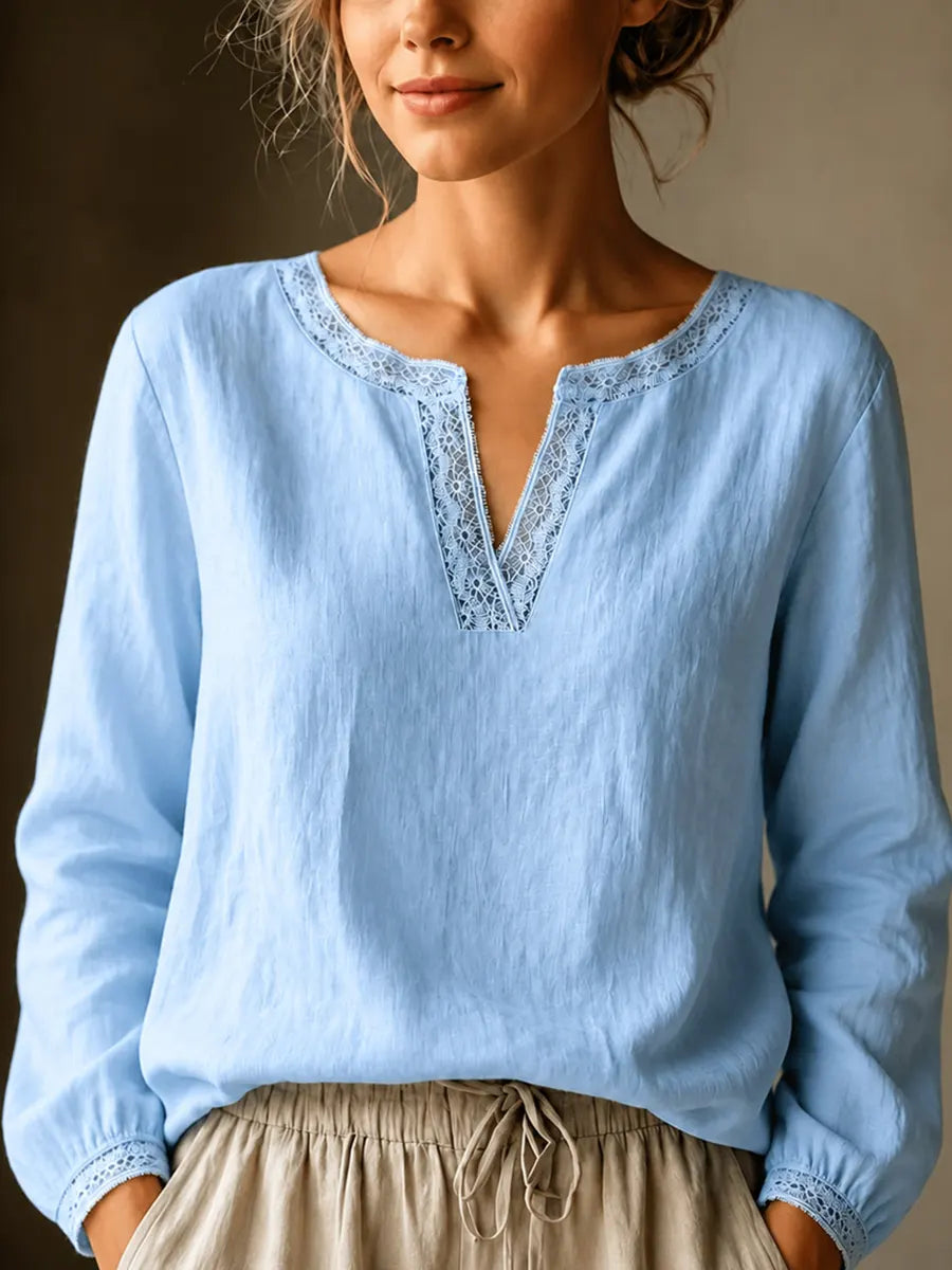 Elegant Linen-Blend Lace-Trim V-Neck Blouse