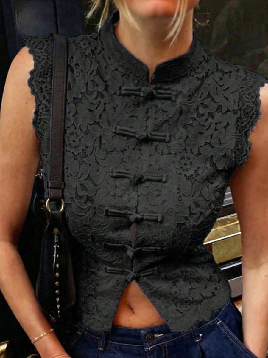 Elegant Chic Lace Hollow Sleeveless Art Casual Stand Collar Shirt