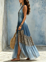 Women Gradient Denim Leopard Print Patchwork Halter Slit Maxi Dress