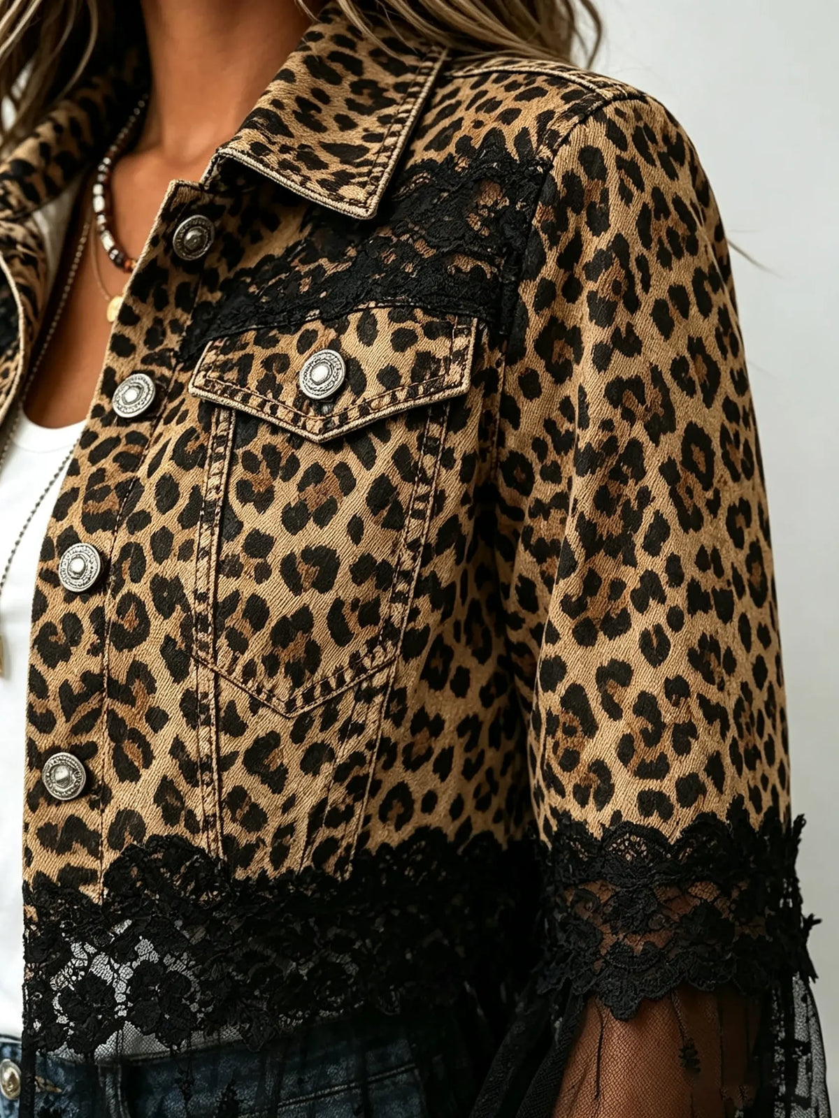Women's Leopard Lace Denim Jacket