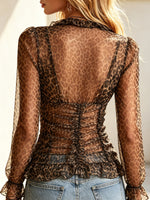 Retro Leopard Pattern Ruffle Sheer Long Sleeve Art Casual Stylish Shirt