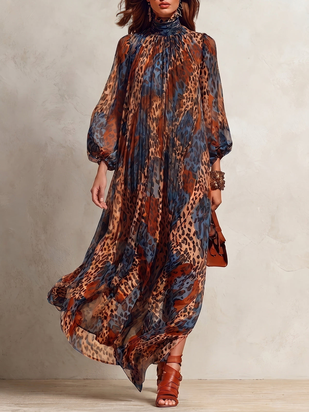 Elegant Leopard-print Chiffon Maxi Dress