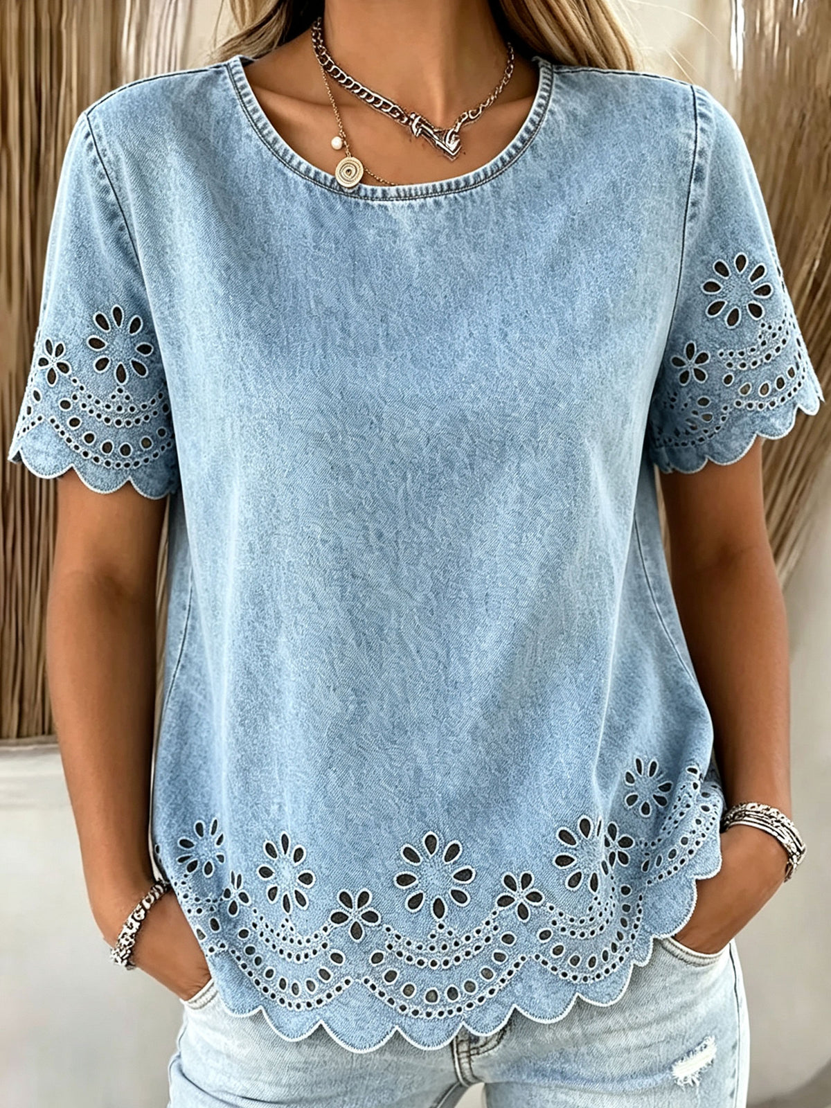 Women’s Floral Eyelet Scalloped Short Sleeve Light Wash Denim Top With Pockets