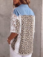 Vintage Elegant Patchwork Denim Leopard Cut-Out Shirt