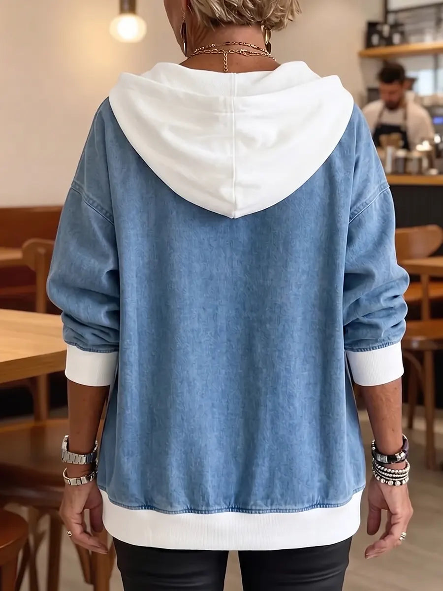 Chic Two-Tone Denim V-Neck Pullover Hoodie
