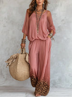 Women's Pink Leopard Ombre Wide-Leg Set