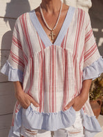 Vintage Art Comfortable Summer Fabrics Cotton Linen Blend Contrasting Stripes Shirt