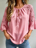Women’s Floral Lace Raglan Bell Sleeve Tie Neck Casual Blouse