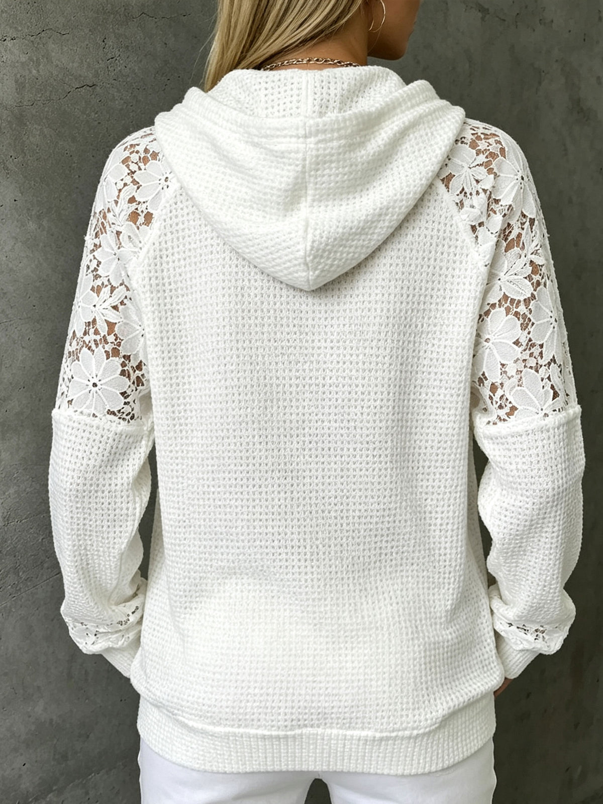 Women’s Floral Lace Raglan Sleeve Waffle Knit Drawstring Hoodie