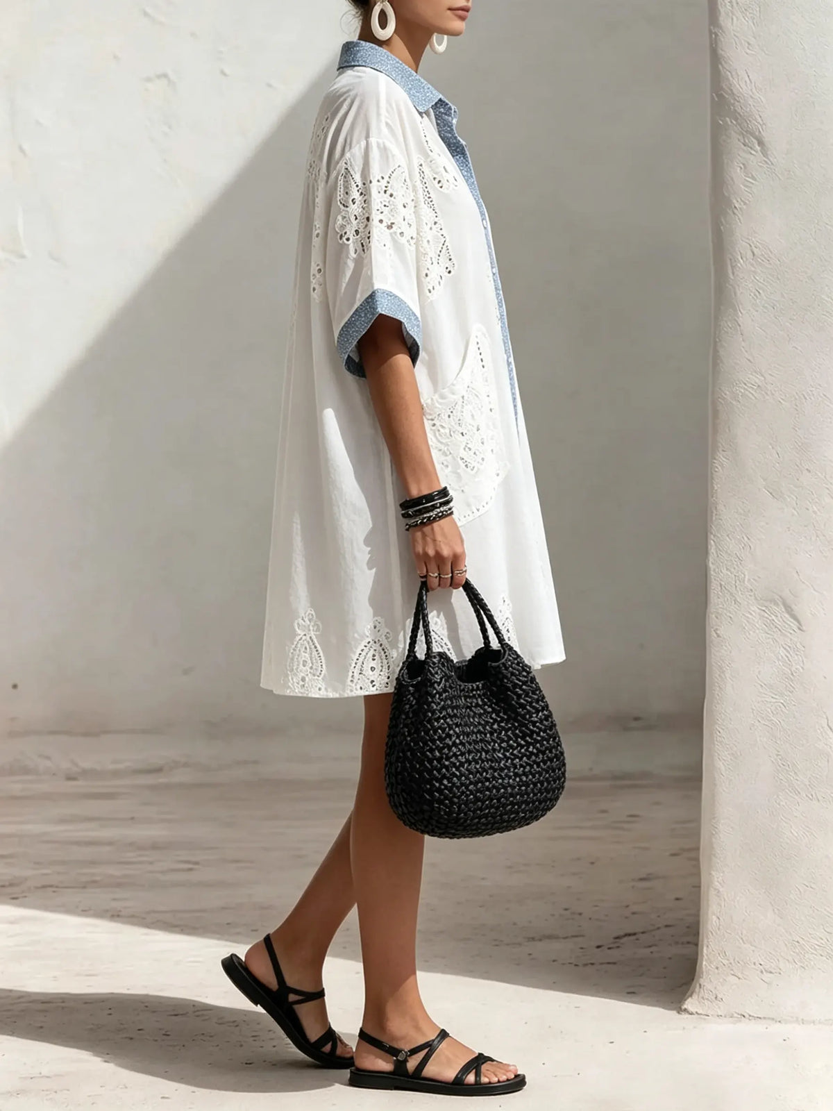 Women Floral Eyelet Embroidery Contrast Polka Dot Collar Short Sleeve Shirt Mini Dress