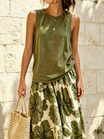 Retro Casual Round Neck Top And Floral Skirt Cotton And Linen Two-piece Set