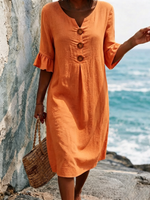 Solid-color Cotton Dress Featuring A V-neck, Three Wooden Buttons, Front Pleats, And Flattering Ruffled Mid-length Sleeves