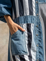 Washed Denim Multi-stripe Splice Stand Collar Lantern Long Sleeve Full Button Loose Maxi Shirt Dress