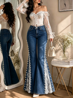 Slimming Wide-leg Jeans With Lace Paneling, Color-blocking, And Beading