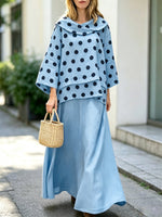 Retro Polka Dot Casual Cowl Neck Top And Skirt Cotton And Linen Two-piece Set
