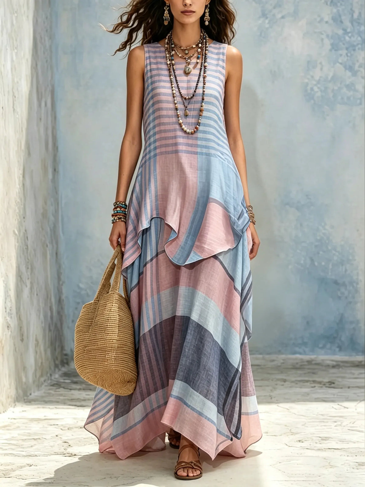 Women Pink Blue Contrast Horizontal Stripe Sleeveless Irregular Flowy Vacation Maxi Dress