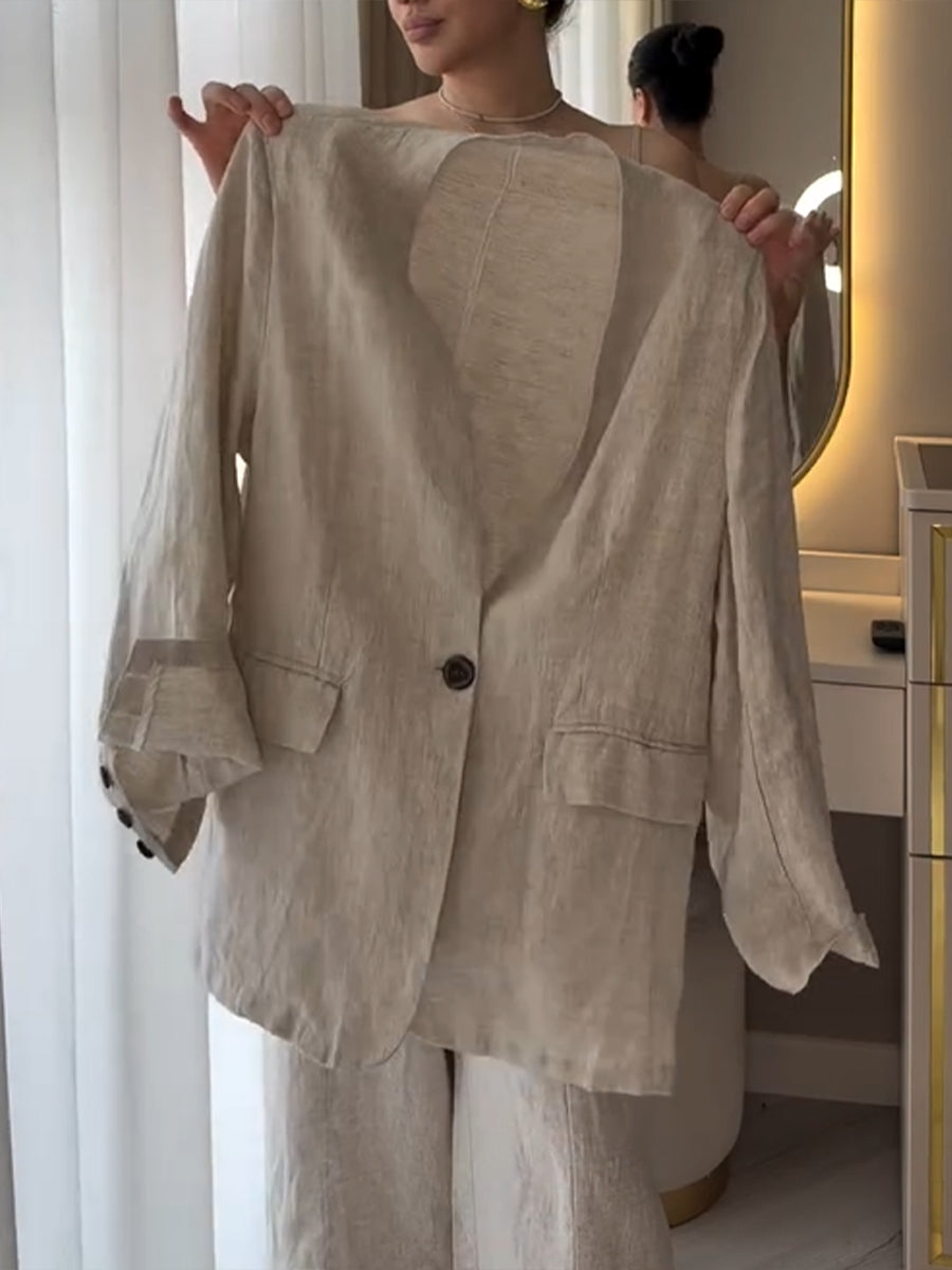 Two-piece Set Featuring A Casual Knit Cotton Top With Cut-out Details And Contrasting Color Trims, Paired With Linen-cotton Blend Trousers.