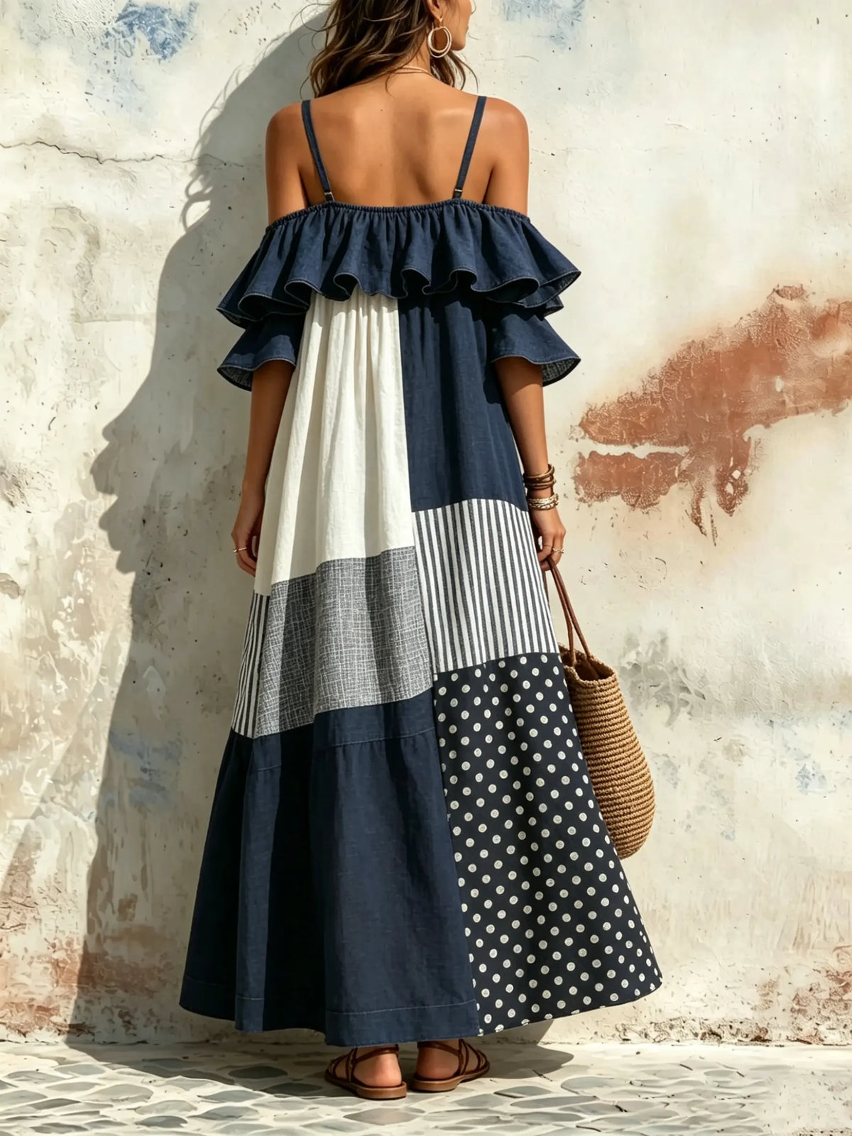 Women's Polka Dot Stripe Color Block Ruffle Off Shoulder Spaghetti Strap Maxi Dress