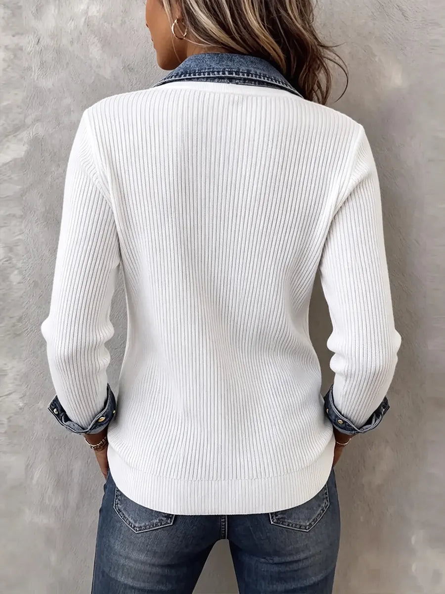 Chic Denim-Trimmed Asymmetrical Ribbed Knit Top