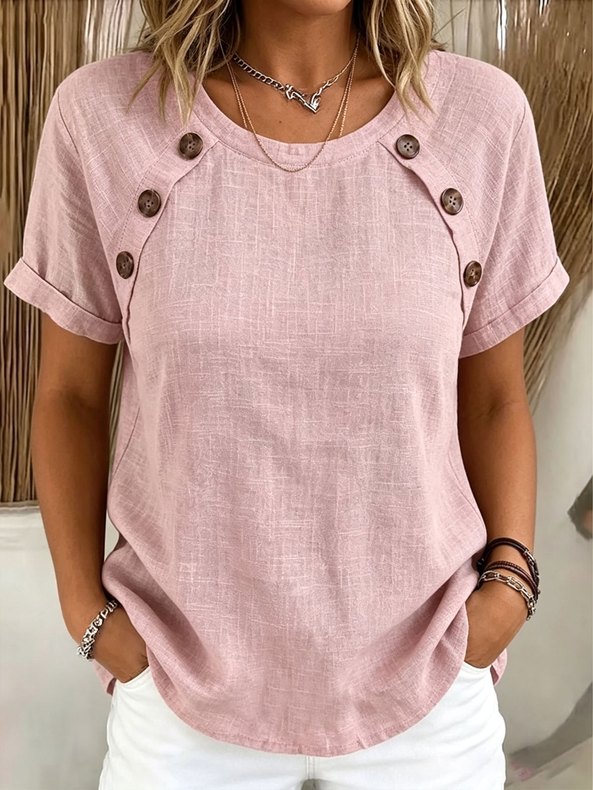 Women’s Wooden Button Decor Rolled Cuff Linen Blend Short Sleeve Top