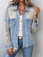 Wash Frayed Denim Splice Sequin Floral Sheer Lace Loose Lapel Jacket