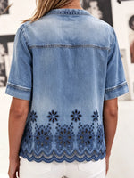 Women's Washed Denim Floral Hollow Embroidery V Neck Pocket Short Sleeve Shirt