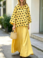 Retro Polka Dot Casual Cowl Neck Top And Skirt Cotton And Linen Two-piece Set