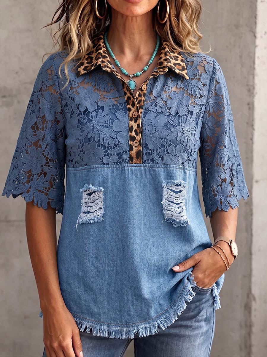 Vintage Elegant Patchwork Denim Leopard Cut-Out Shirt