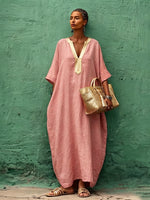 Bohemian Gold V-neck Cotton-linen Maxi Dress
