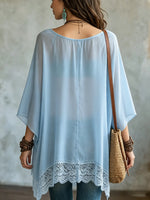 Women's Sheer Chiffon Lace-Trim High-Low Blouse