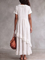 Women's Solid Color V-neck Ruffle-sleeve Casual Loose A-line Cotton-linen Dress