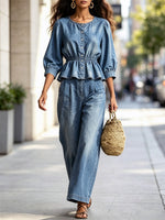 Ruffle Round Neck Button Art Casual Top And Pants Denim Two-piece Set