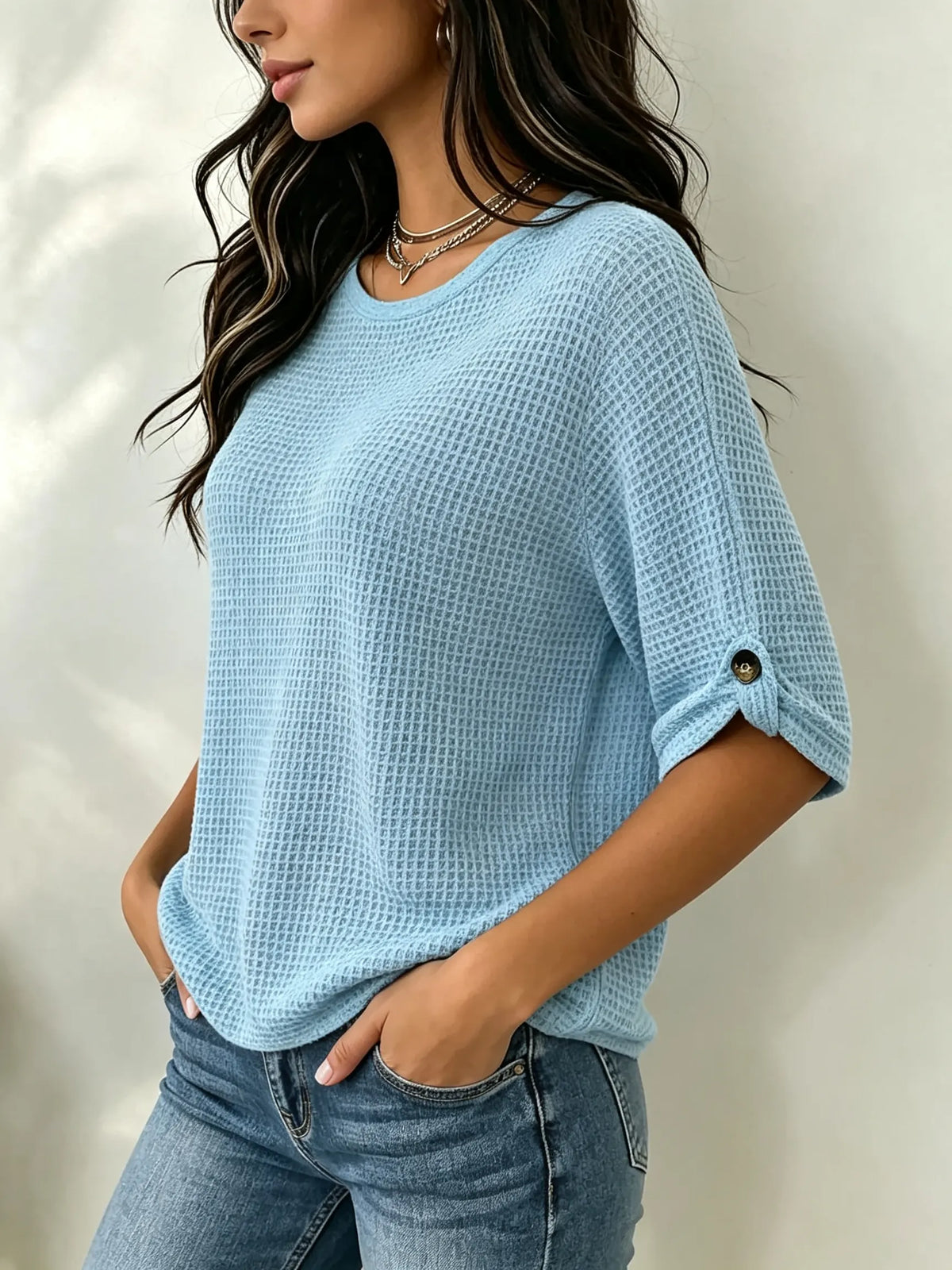 Women's Waffle Knit Button-Sleeve Top