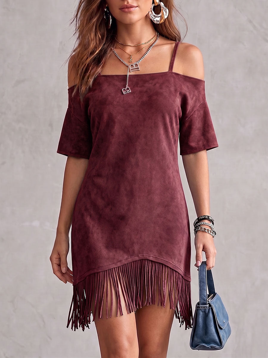 Women's Solid Color Short-sleeve Casual Loose Suede Dress With Tassels