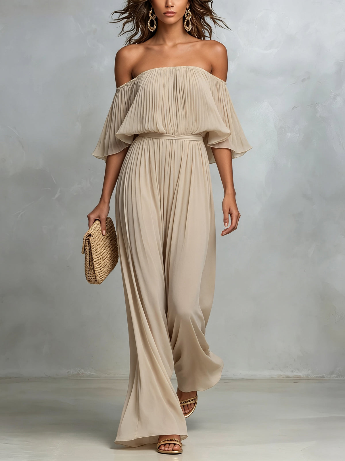 Women's Pleated Off-The-Shoulder Wide-Leg Jumpsuit