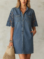 Washed Denim Stand Collar Half Placket Dual Chest Patch Pockets Cutwork Floral Scallop 5/4 Sleeve Loose Mini Shirt Dress