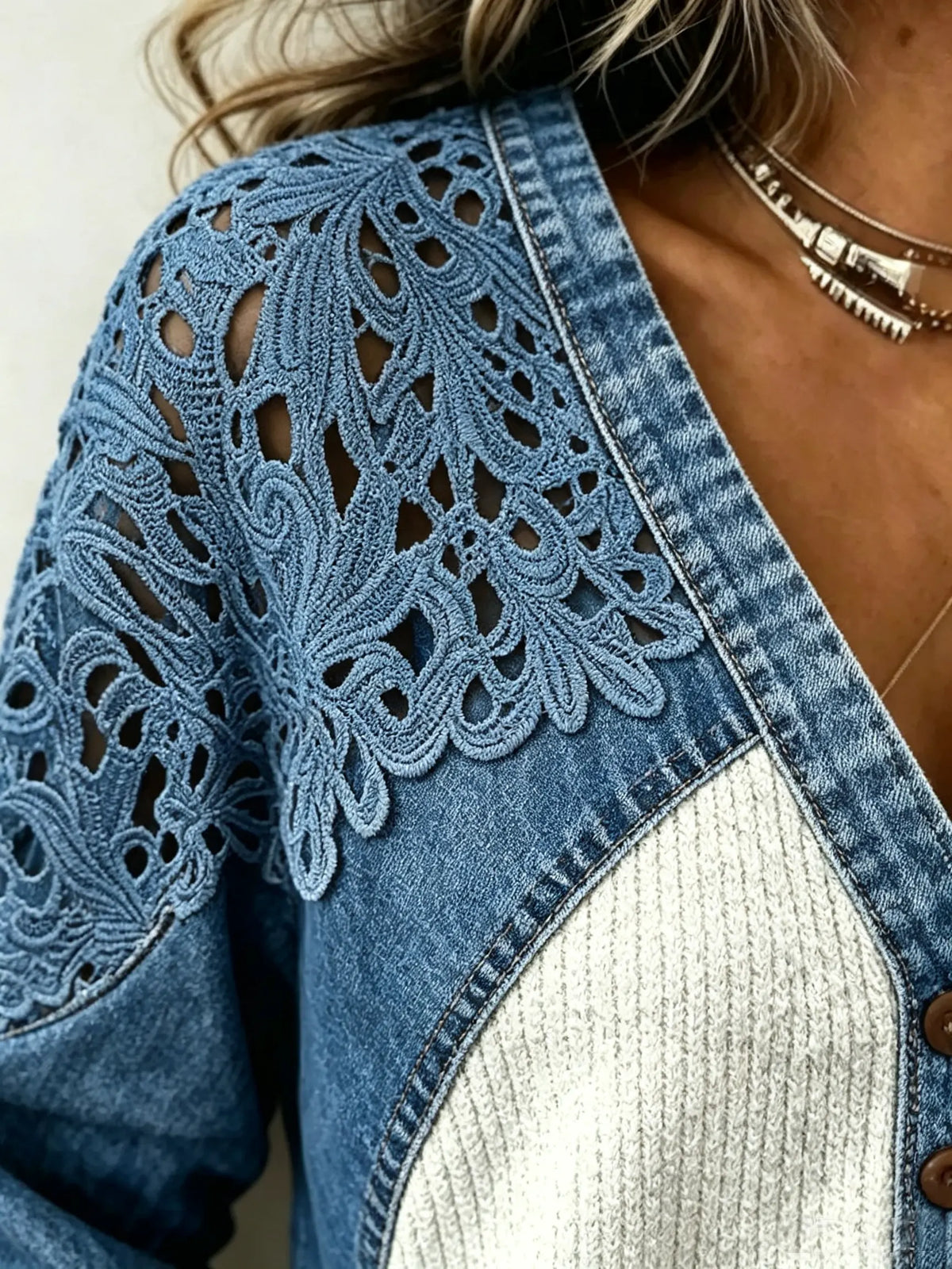 Women's Hollow Lace Spliced Waffle Knit Denim Long Sleeve V Neck Top