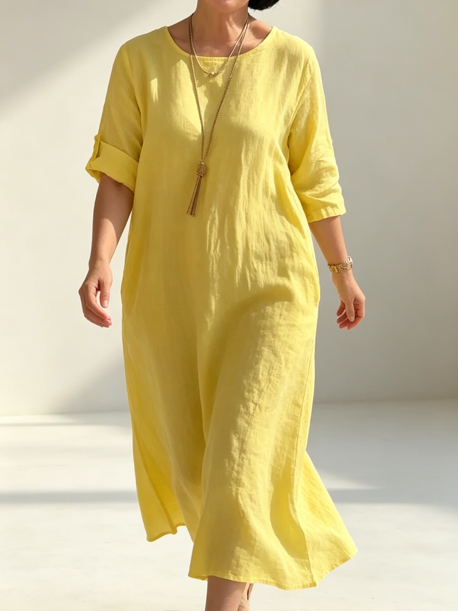 Sunny Yellow Cotton-linen Dress With Side Slits