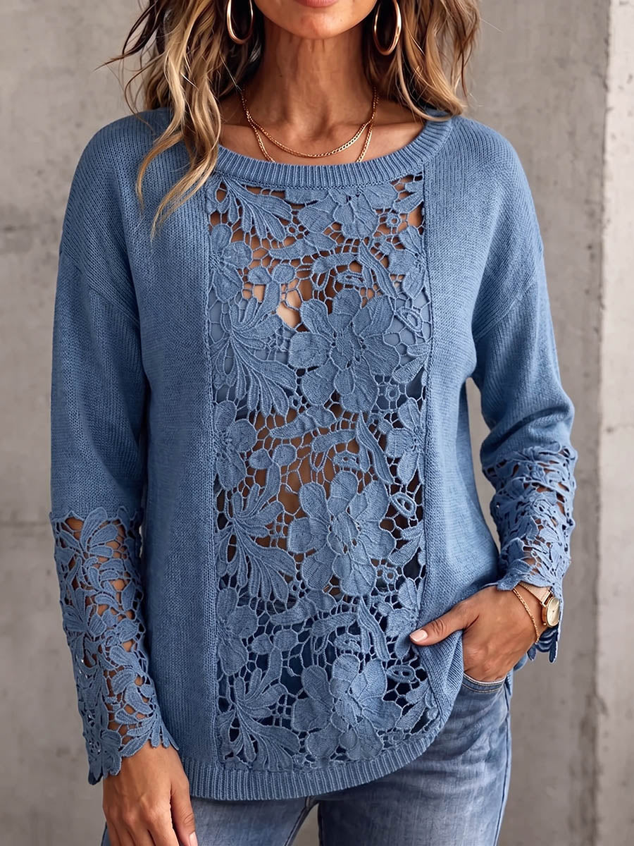 Vintage Elegant Patchwork Knitting Cut-Out Sweater Shirt