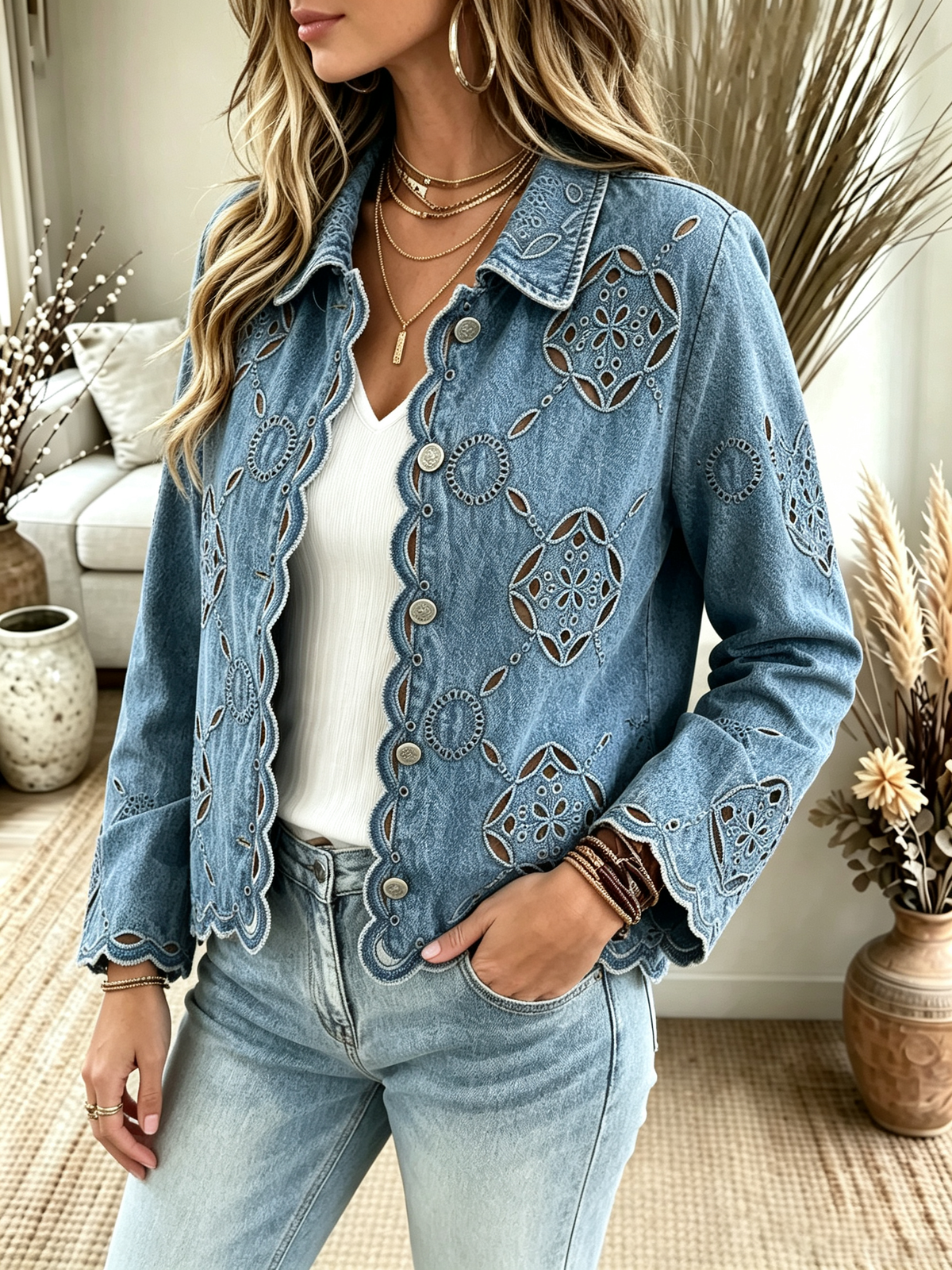 Women's Cutout Scalloped Denim Jacket