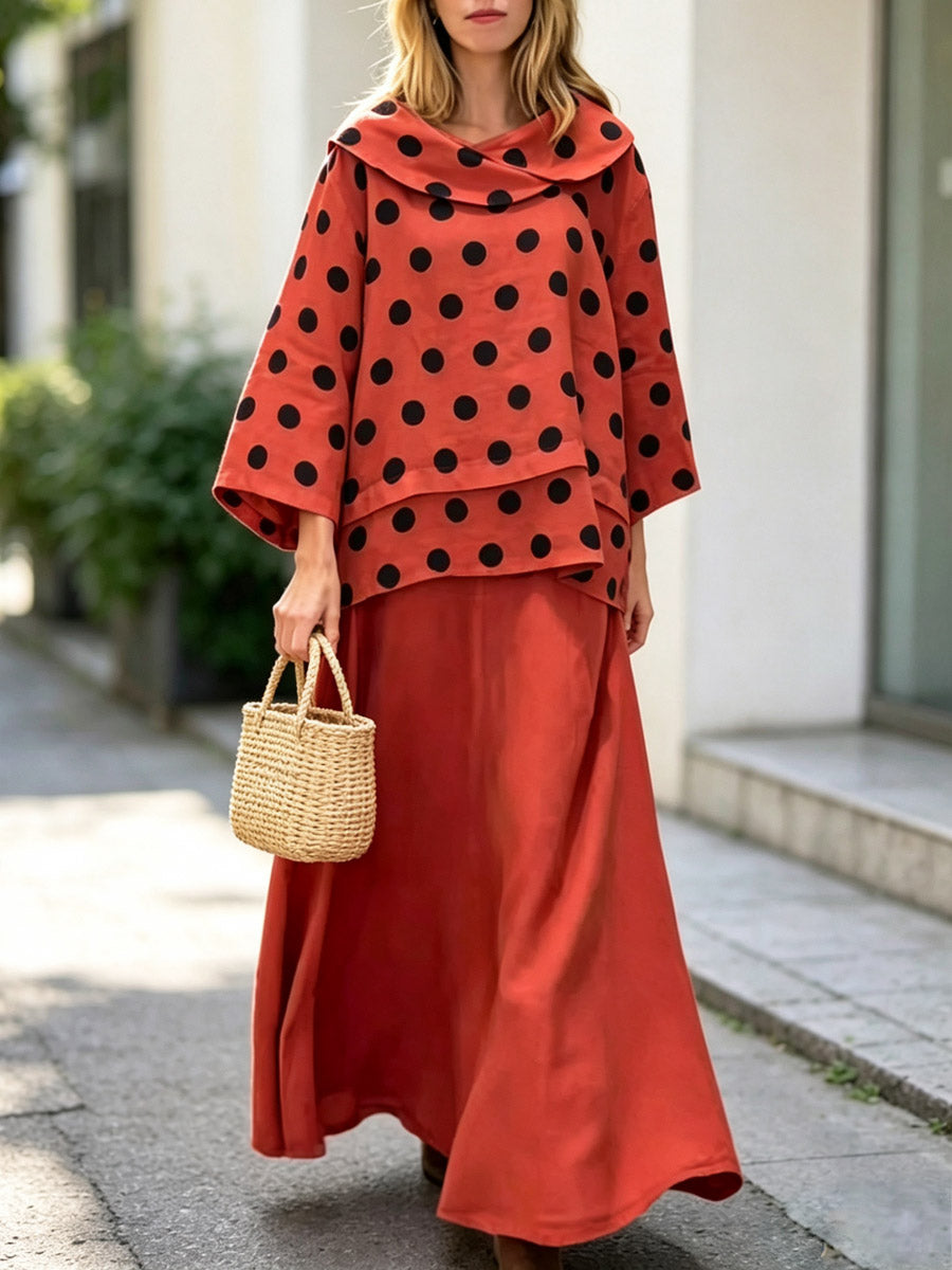 Retro Polka Dot Casual Cowl Neck Top And Skirt Cotton And Linen Two-piece Set