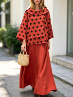Retro Polka Dot Casual Cowl Neck Top And Skirt Cotton And Linen Two-piece Set