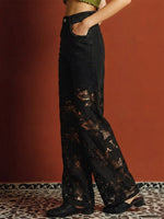 Women's Loose-fit, Straight-leg Jeans Featuring Black Lace Cutouts And Bead Embellishments For A Slimming Look