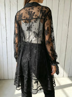 Women's Butterfly Lace Print Frayed Long Sheer Shirt Cardigan