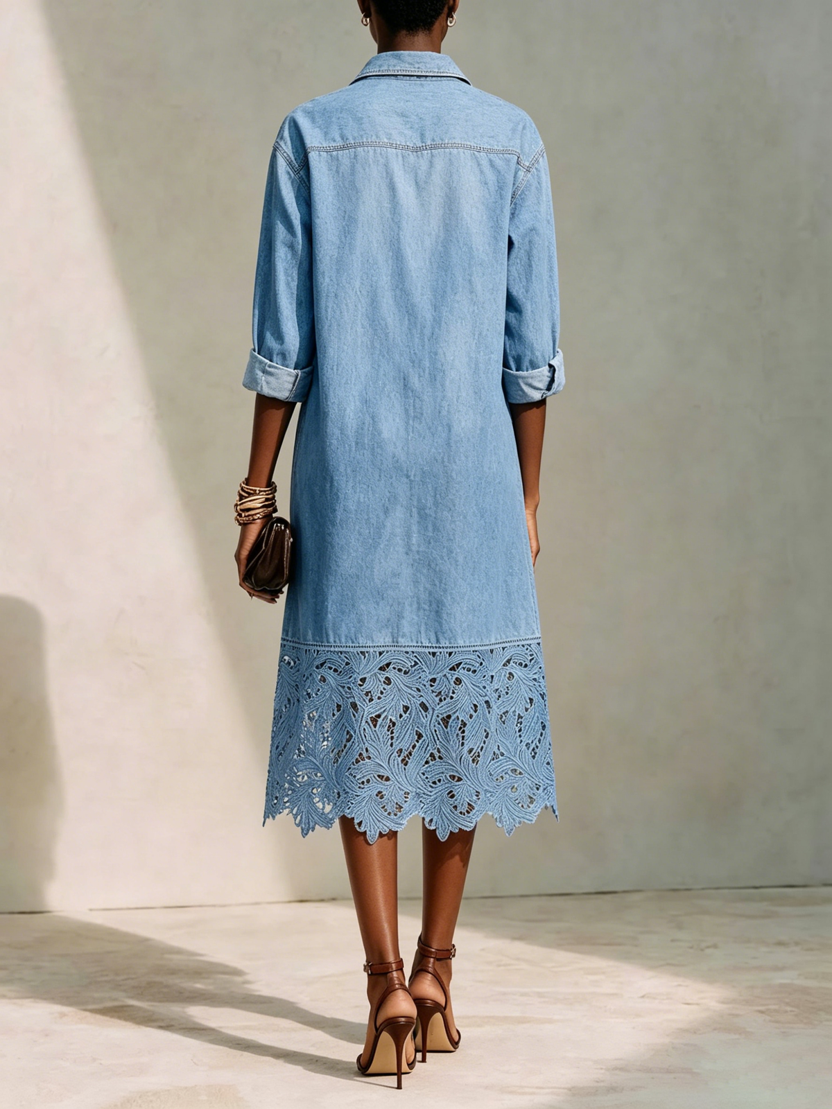 Straight-cut Dress Featuring A Denim-style Collar, Full-length Button-down Front, Patch Pockets, And Intricate, Heavy-work Floral Cut-out Lace Detailing
